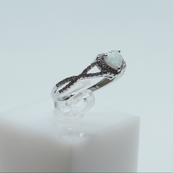 .925 Sterling Silver White Opal CZ Heart Ring - Picture 2 of 6